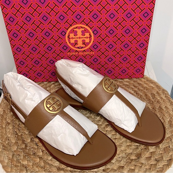 NEW Tory Burch Benton 2 Flat Thong Sandal Calf Leather Size 7 Royal Tan - Picture 4 of 7